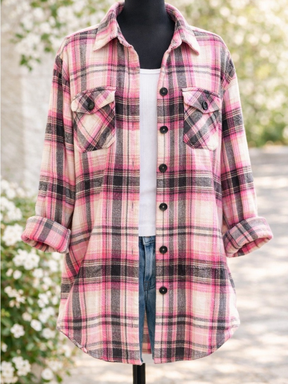 Pink Plaid Shacket Women Oversized Button Down Shirt Spring Layer Jacket Size M